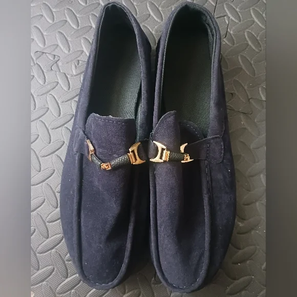 Men Navy Blue Belted Velvet Moccasins Shoes - Picture 2 of 11